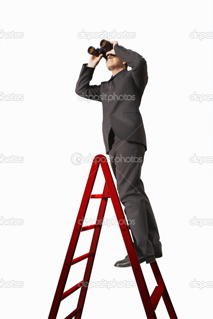 Businessman with Binoculars on Ladder