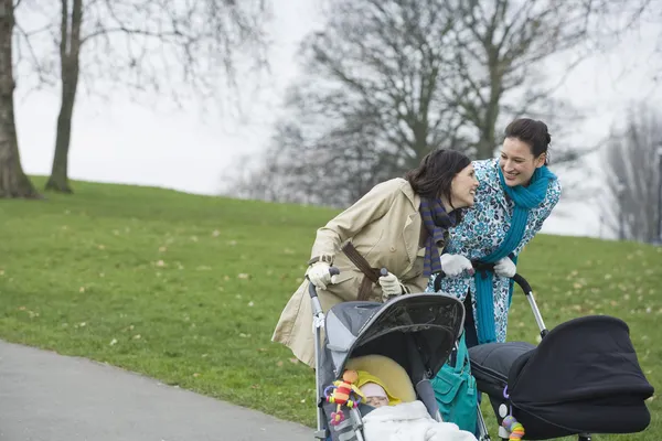 Två mammor trycka barnvagnar i park — Stockfoto
