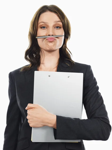 Businesswoman pulling funny face — Stock Photo, Image