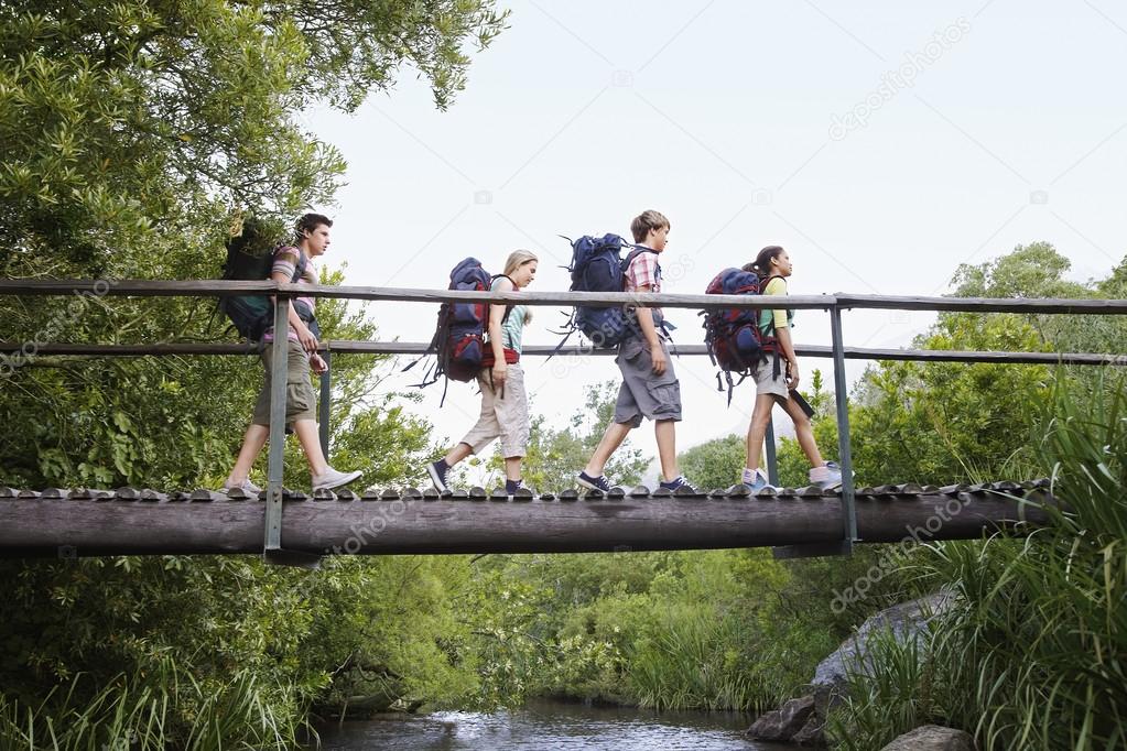 teenagers  backpacking in forest