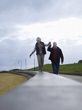 Senior couple walking holding hands clipart