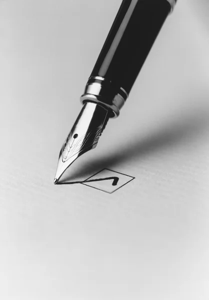 Spitze eines Stifts, der ein Kästchen ankreuzt — Stockfoto