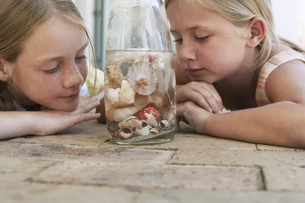 Girls looking at shells in jar — Stock Photo, Image