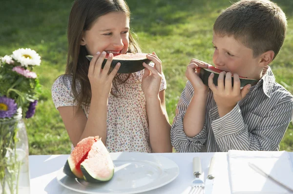 Çocuklar aile pikniği karpuz yeme — Stok fotoğraf