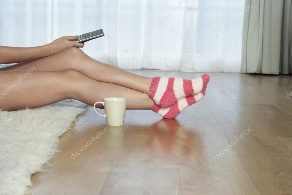 Woman in stripey socks