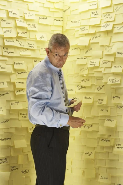 Businessman at Wall with Post Its — Stock Photo, Image