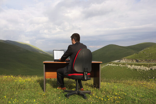 Businessman Sitting at Desk in field