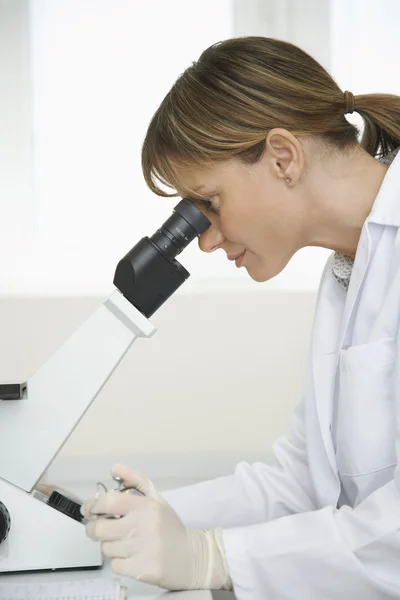 Θηλυκό τεχνικός χρησιμοποιώντας μικροσκόπιο — Φωτογραφία Αρχείου