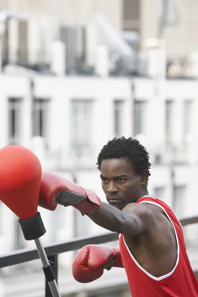 Boxeador golpeando saco de boxeo — Foto de Stock