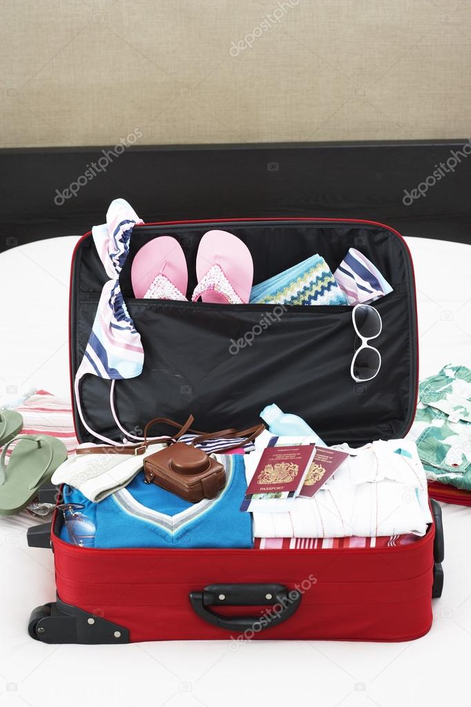 Open suitcase on bed