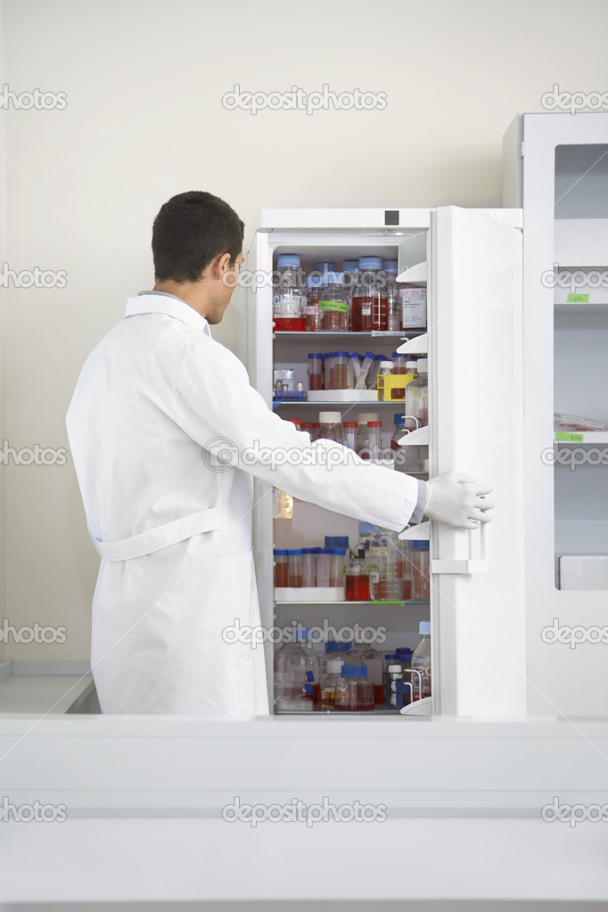 Scientist looking in refrigerator 