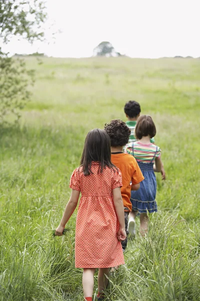 Enfants marchant à travers le pré — Photo