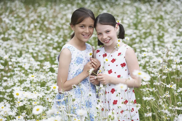Two Girls in Wildflower Meadow — Stock Photo, Image