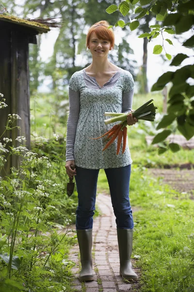 Vrouw Picking wortelen — Stockfoto
