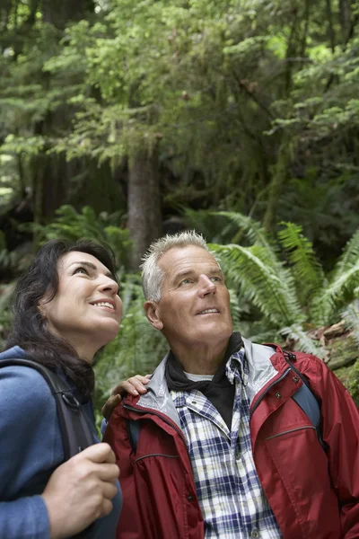 Hombre y mujer de mediana edad mirando hacia arriba — Foto de Stock