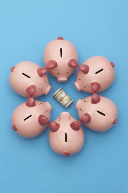 Piggy bankalar çevreleyen banknotlar rulo