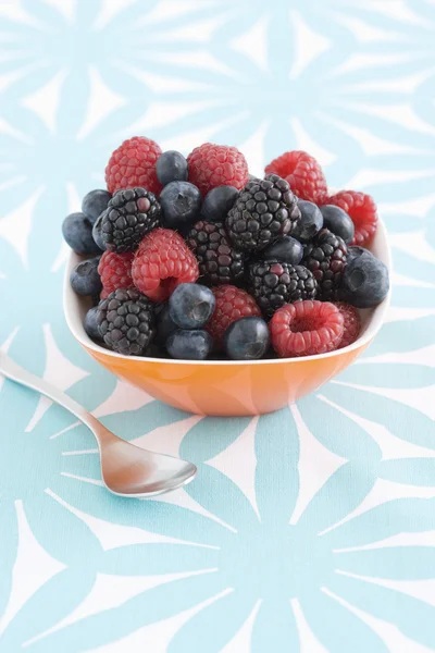 Cuchara y tazón de frutas del bosque — Foto de Stock