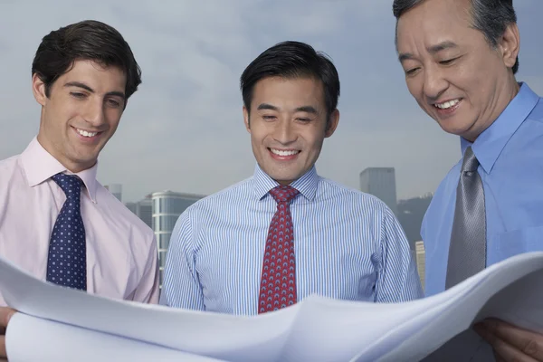 Hombres de negocios sosteniendo y mirando planos — Foto de Stock