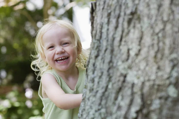 Mädchen guckt hinter Baum — Stockfoto