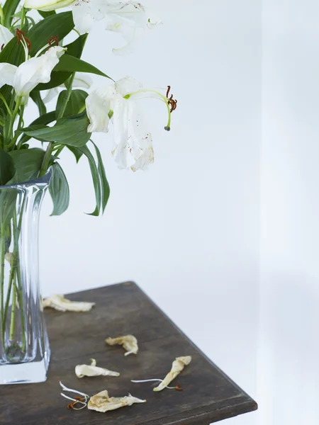 White lilies in vase on table — Stock Photo, Image