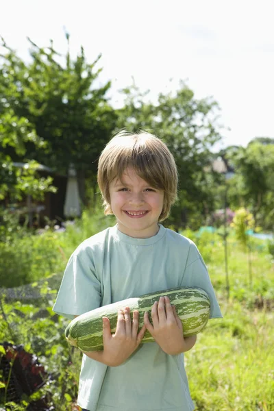 Boy holding marrow in garden — Stock Photo, Image