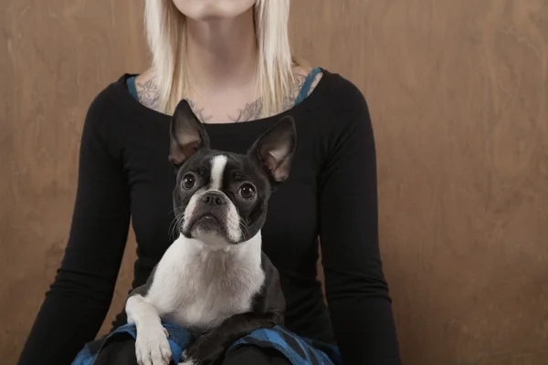 Mujer con Bulldog francés —  Fotos de Stock