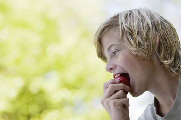 男孩吃苹果 — 图库照片
