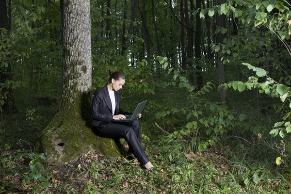 Woman using laptop in forest — Stock Photo, Image