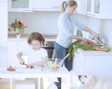 Anne ve kızı sağlıklı yemek hazırlama