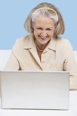 görüntülü görüşme için dizüstü kullanan kadın kıdemli