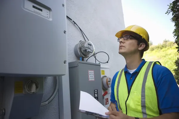 Maintenance worker reads meter of solar generation unit — Stock Photo, Image