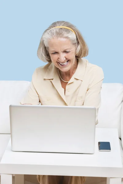 Mulher sênior alegre usando laptop — Fotografia de Stock