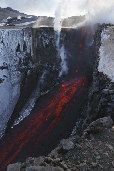Molten lava and smoke
