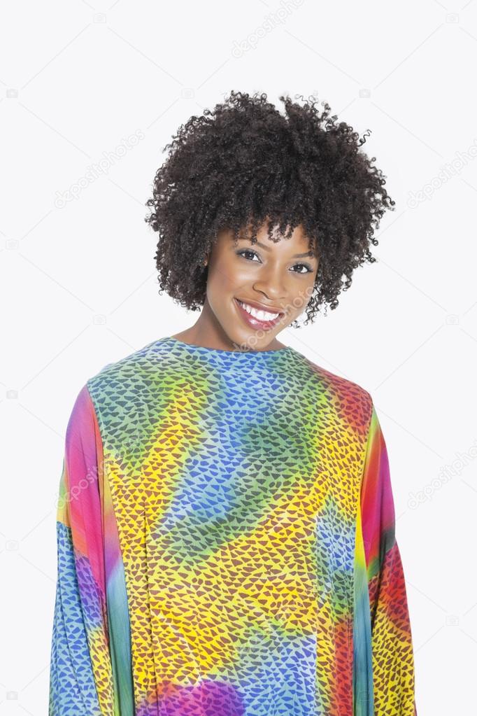 African American woman in multicolored dashiki