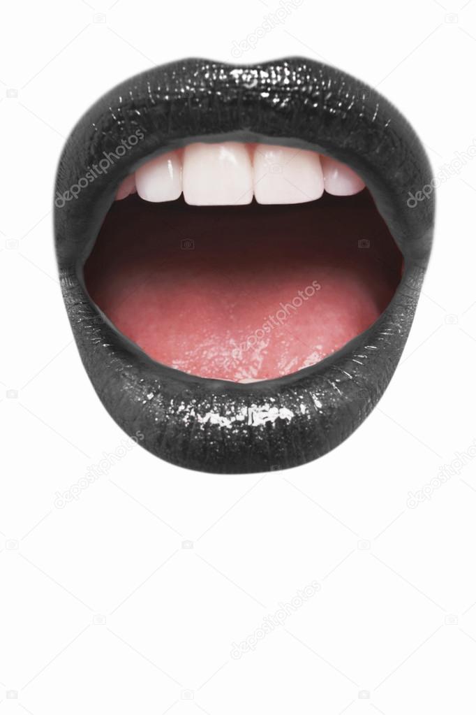 Black lipstick with mouth open