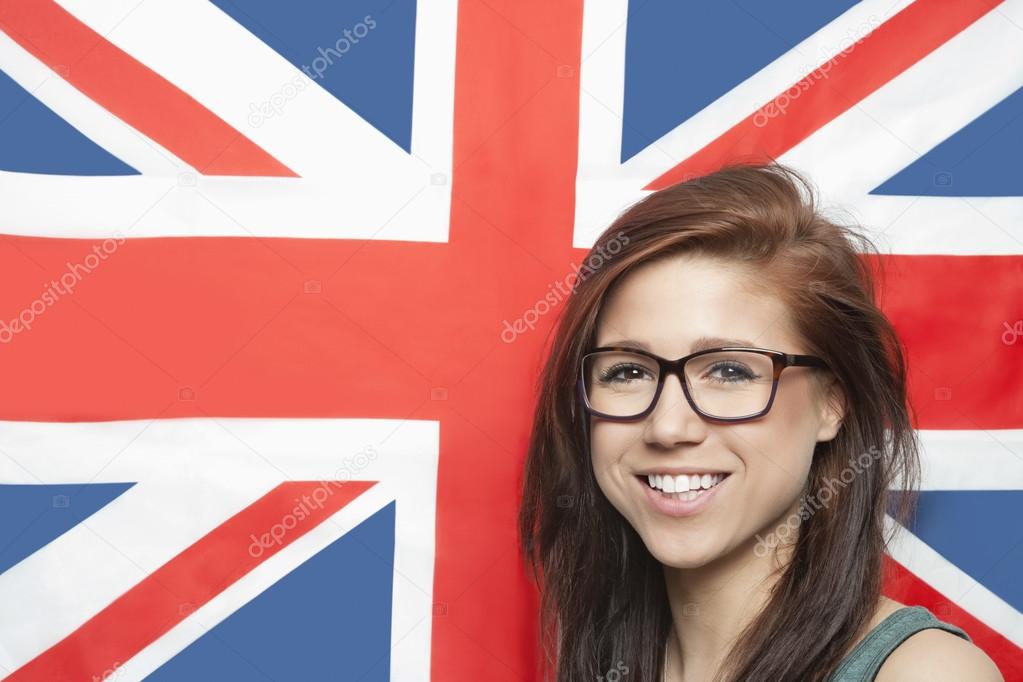 Young woman against British flag