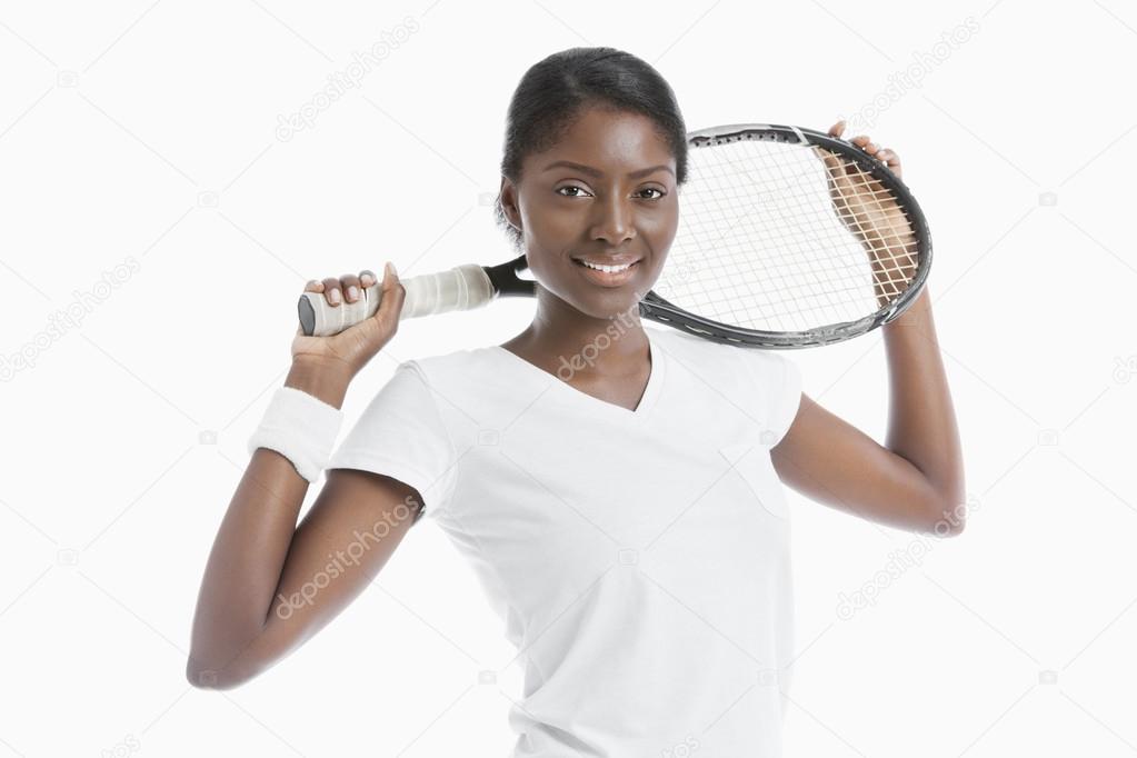 African American woman holding racket