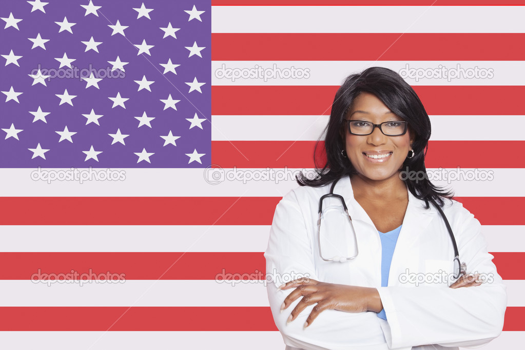 Female surgeon over American flag