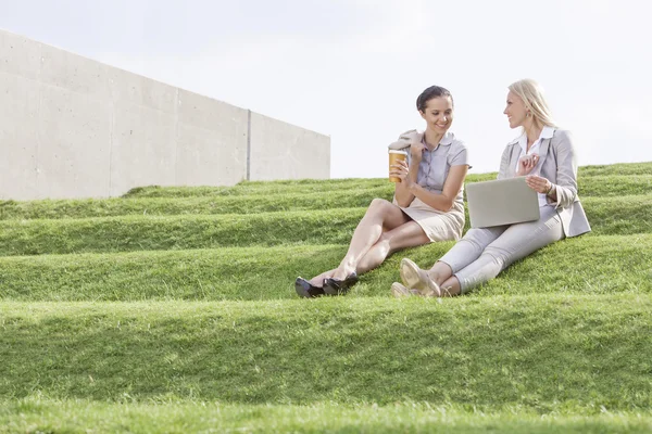 Geschäftsfrauen sitzen auf Stufen im Gras — Stockfoto