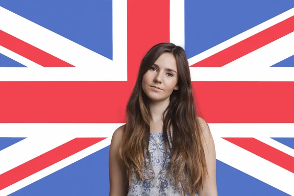 Woman against British flag — Stock Photo, Image