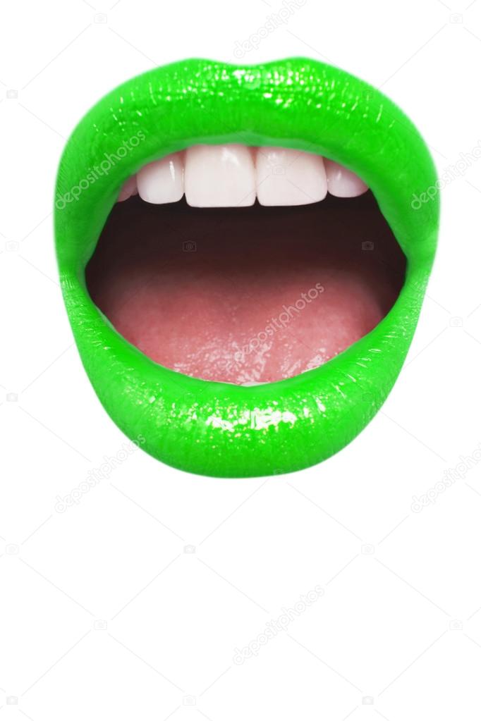 Neon green lipstick with mouth open