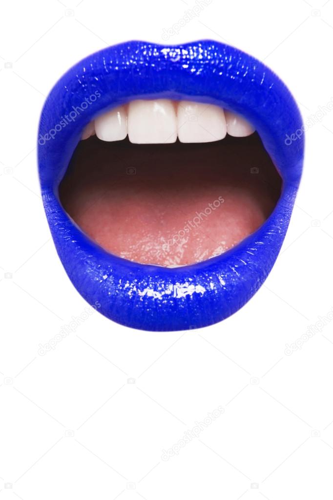 Dark blue lipstick with mouth open