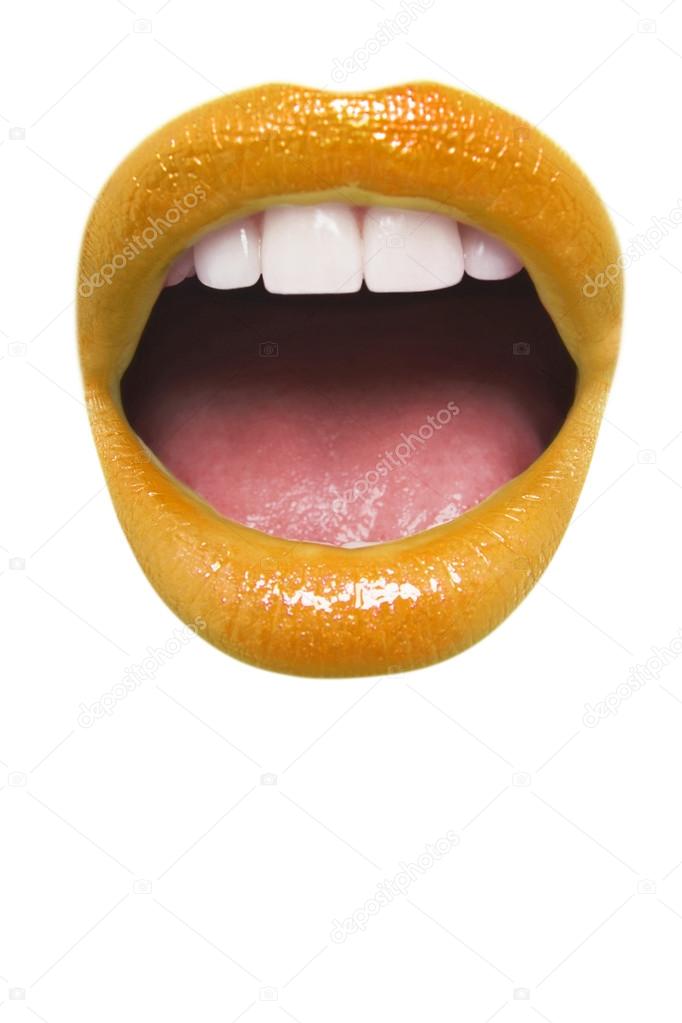 Orange lipstick with mouth open