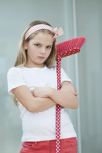 Girl with broom — Stock Photo, Image