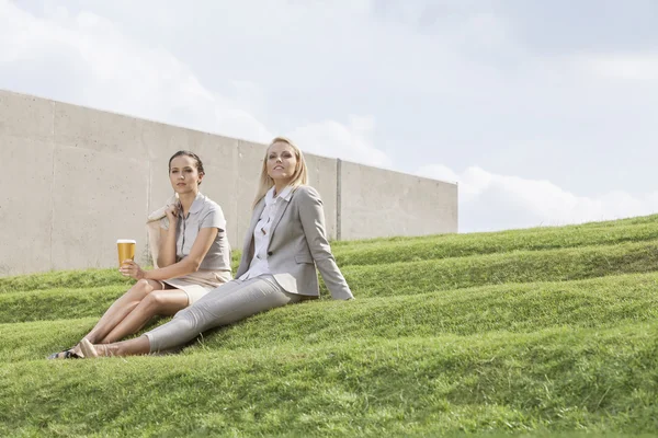 Businesswomen  on grass steps — Stock Photo, Image