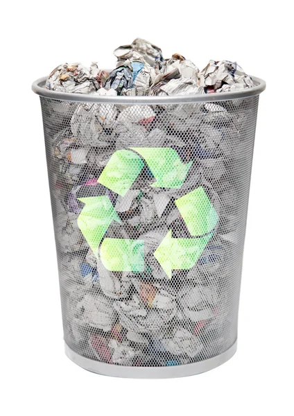 Recycling bin full of crumpled papers — Stock Photo, Image