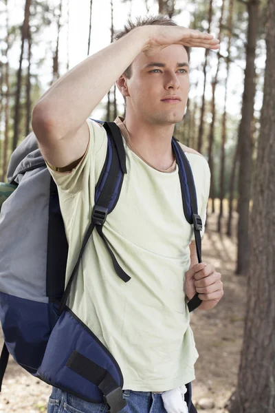 Hombre protegiendo los ojos en el bosque —  Fotos de Stock