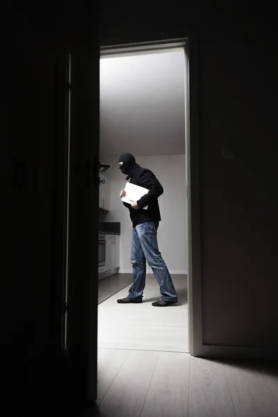 Burglar stealing laptop from house — Stock Photo, Image