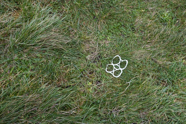 Anéis de lata de plástico recheado na grama — Fotografia de Stock