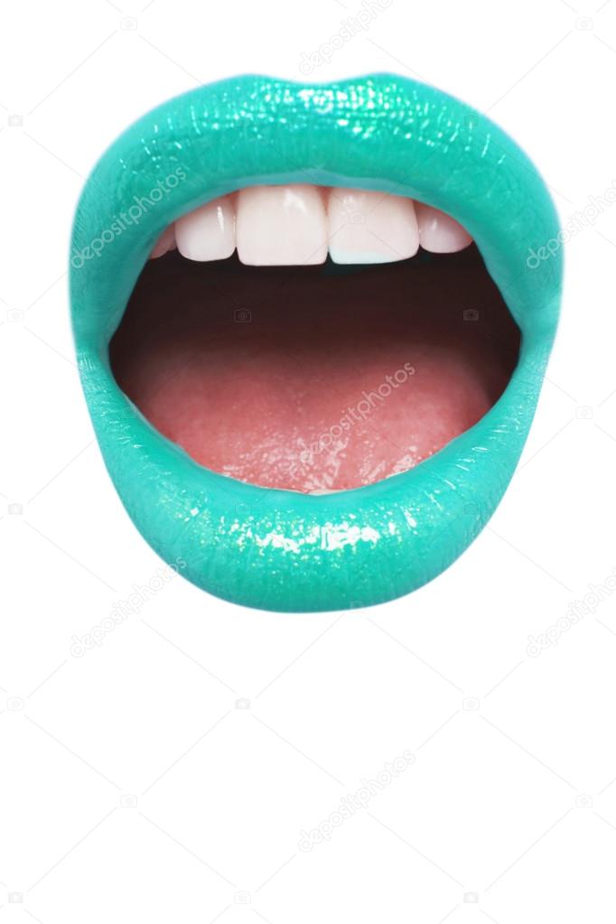 Cyan Green lipstick with mouth open